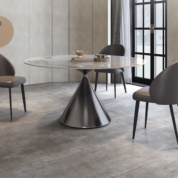 Modern Round White Stone Top Dining Table with Grey Pedestal