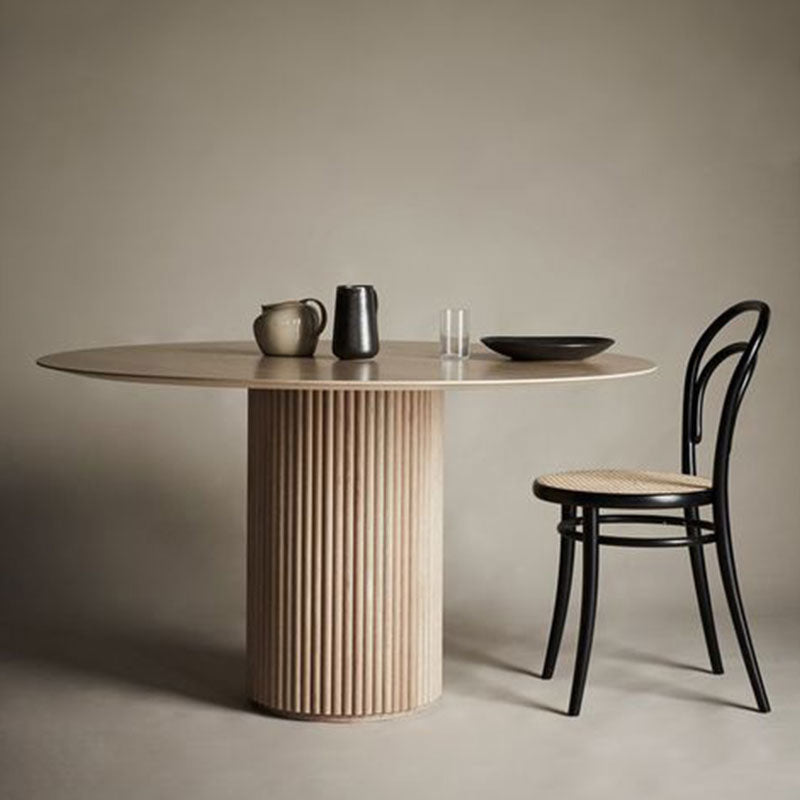 Modern Solid Wood and Stone Round Dining Table with Pedestal