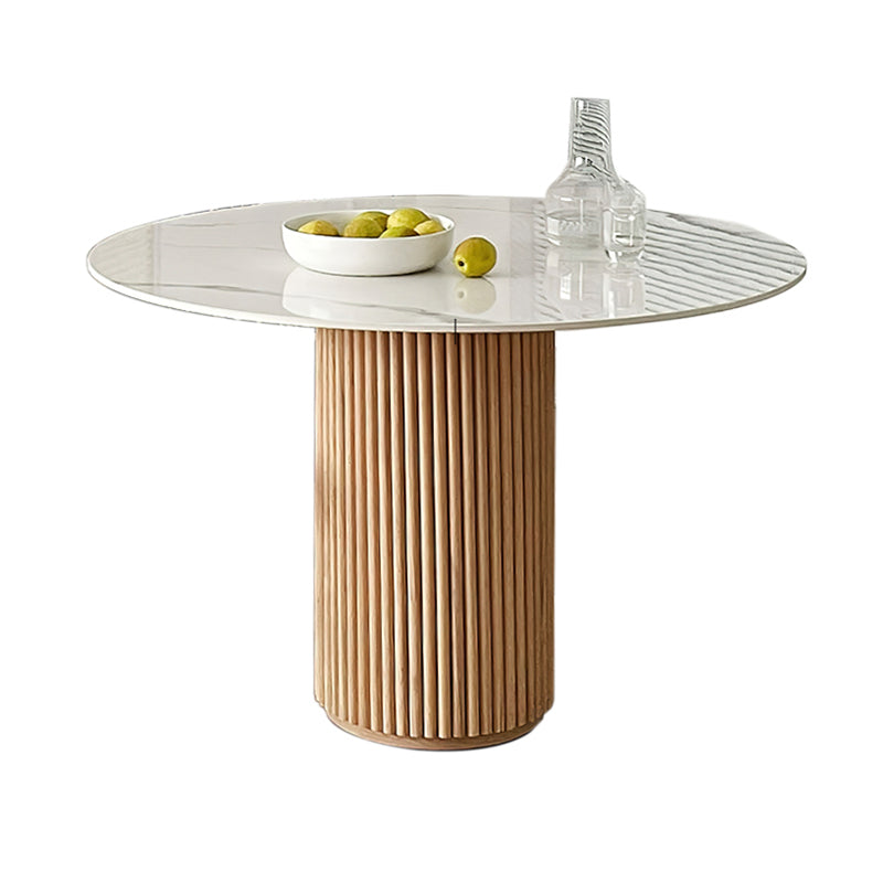 Modern Solid Wood and Stone Round Dining Table with Pedestal