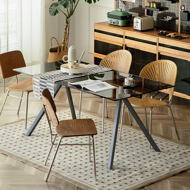 Contemporary Rectangular Glass Top Dining Table with Steel Legs