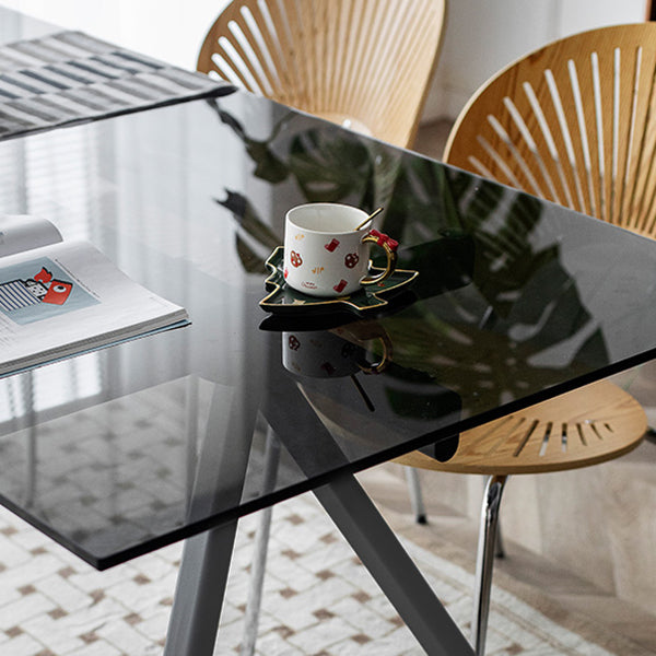 Contemporary Rectangular Glass Top Dining Table with Steel Legs