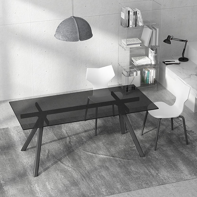 Contemporary Rectangular Glass Top Dining Table with Steel Legs