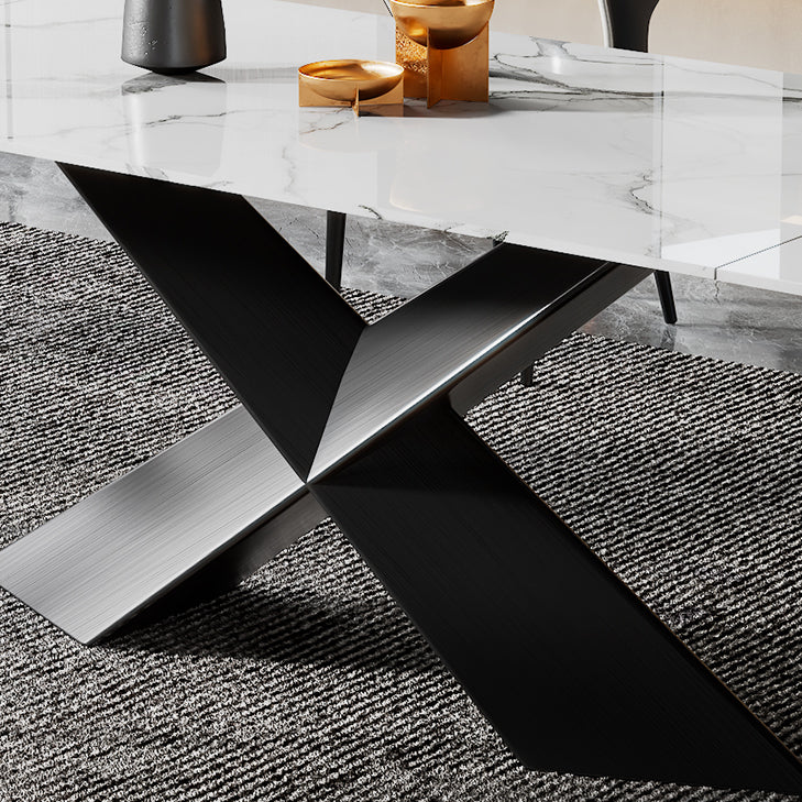 Modern Rectangular White Stone Top Dining Table with Black Steel Double Pedestal