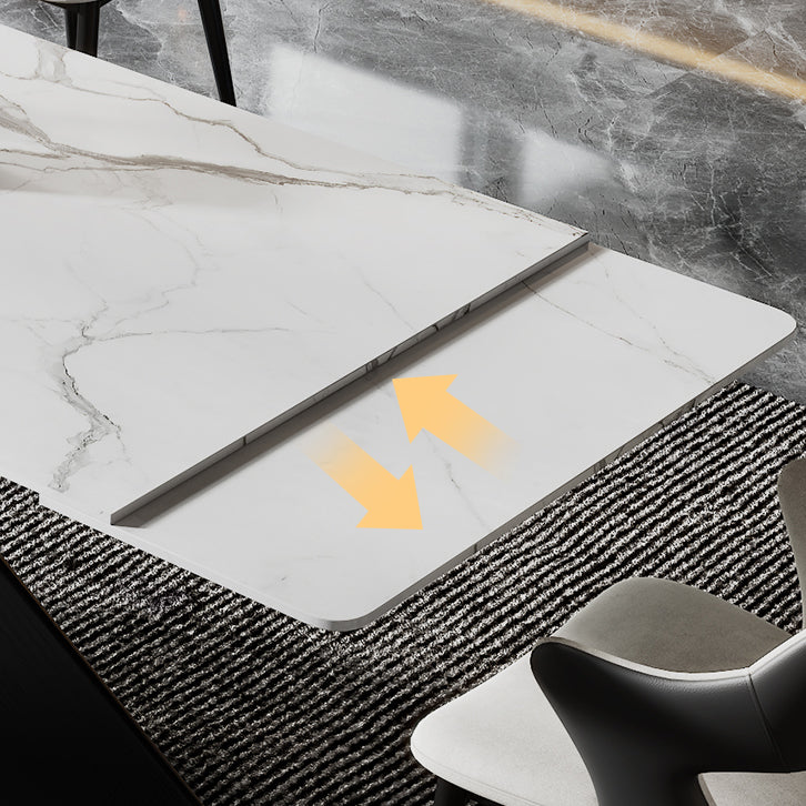 Modern Rectangular White Stone Top Dining Table with Black Steel Double Pedestal