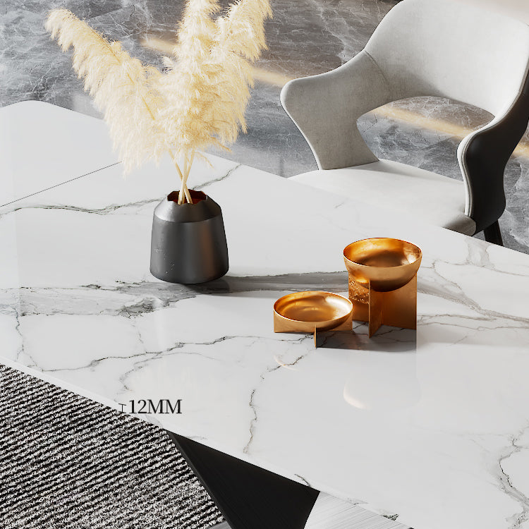 Modern Rectangular White Stone Top Dining Table with Black Steel Double Pedestal