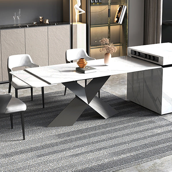Modern Rectangular White Stone Top Dining Table with Black Steel Double Pedestal