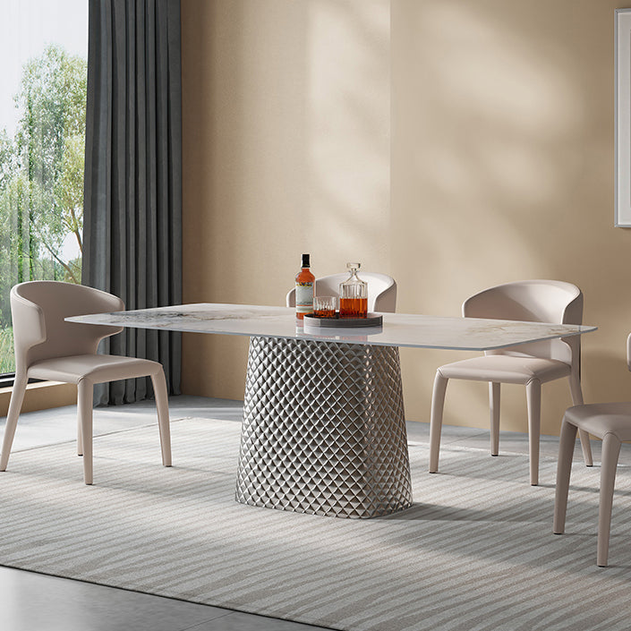 Modern White Rectangular Stone Top Dining Table with Silver Pedestal
