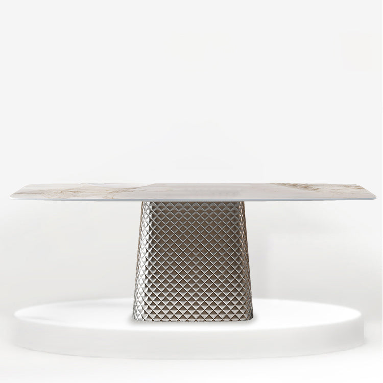 Modern White Rectangular Stone Top Dining Table with Silver Pedestal