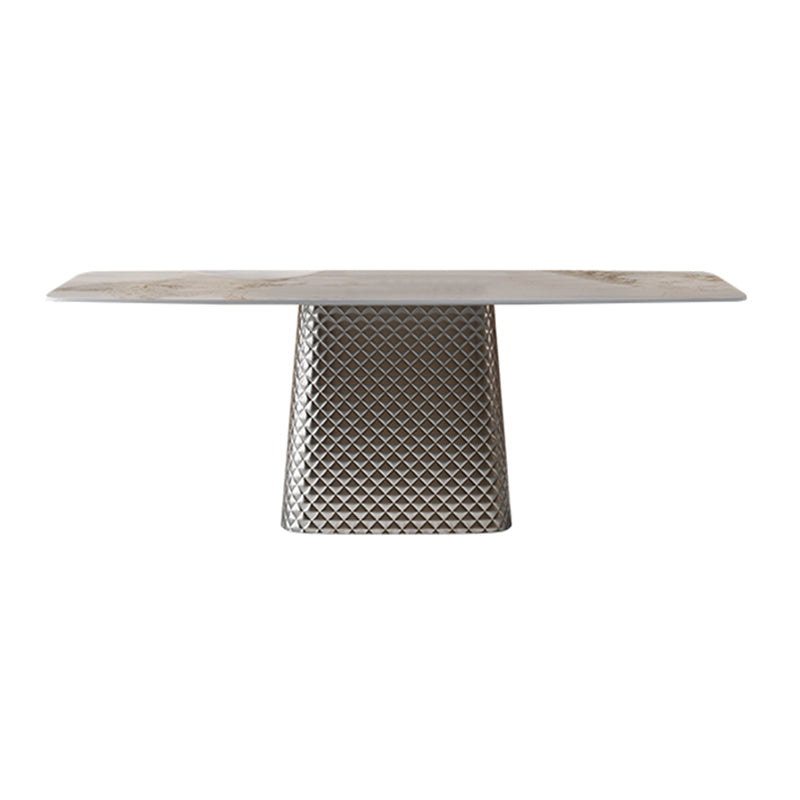 Modern White Rectangular Stone Top Dining Table with Silver Pedestal