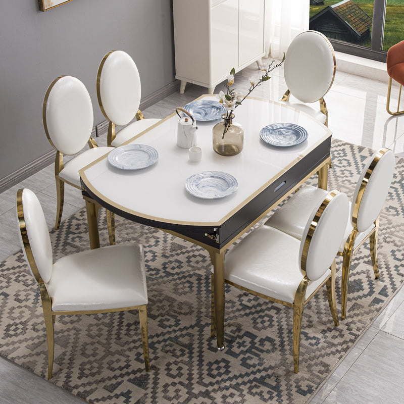 Contemporary White Round Glass Top Dining Table with Double Drop Leaf