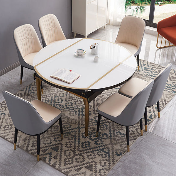 Contemporary White Round Glass Top Dining Table with Double Drop Leaf