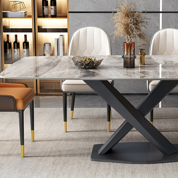 Modern Rectangular Grey Stone Top Dining Table with Black Steel Base