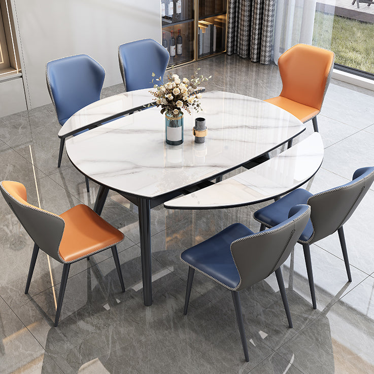 Modern Extendable White Stone Top Dining Table with 4 Black Rubberwood Legs