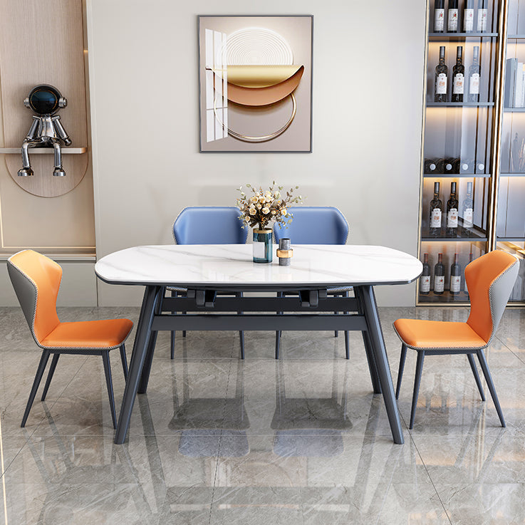 Modern Extendable White Stone Top Dining Table with 4 Black Rubberwood Legs