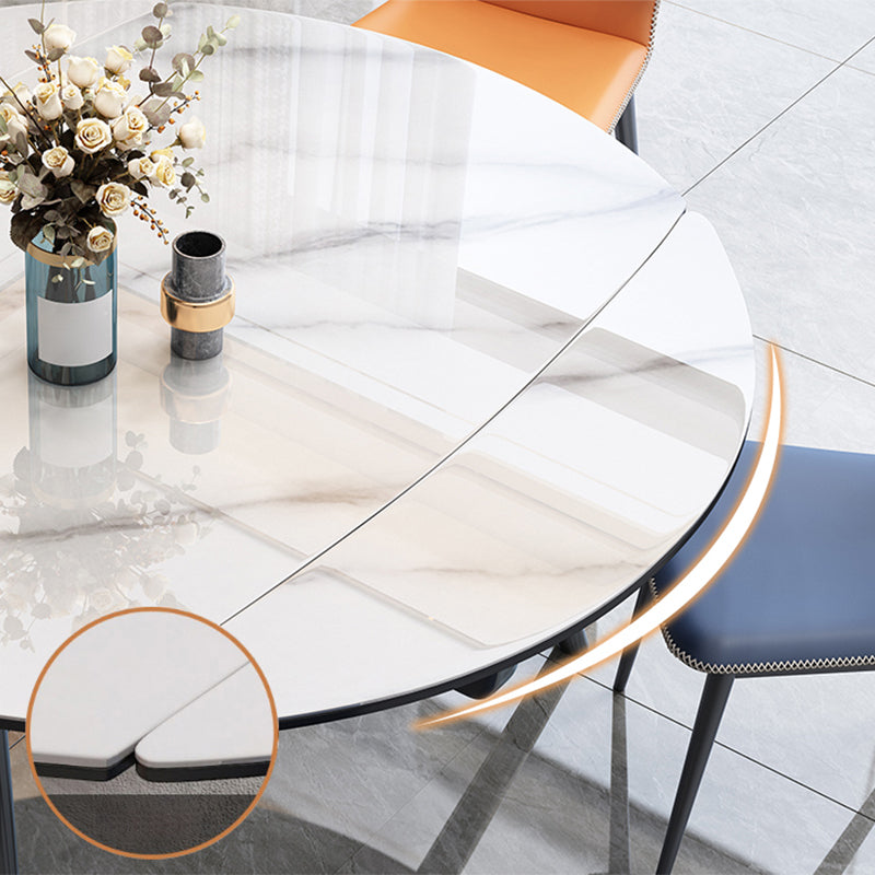 Modern Extendable White Stone Top Dining Table with 4 Black Rubberwood Legs