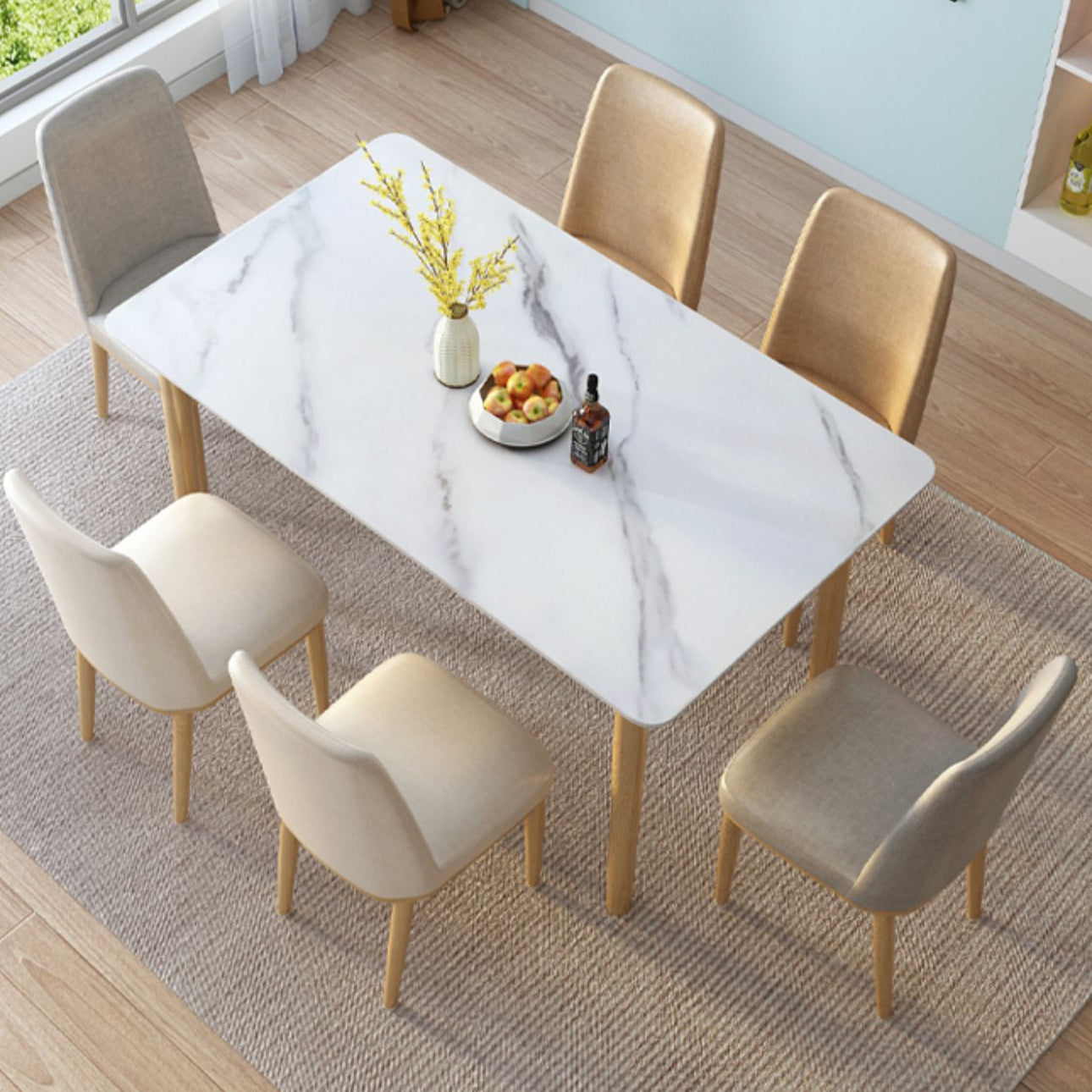 Modern White Rectangle Stone Dining Table with 4 Solid Wood Foot