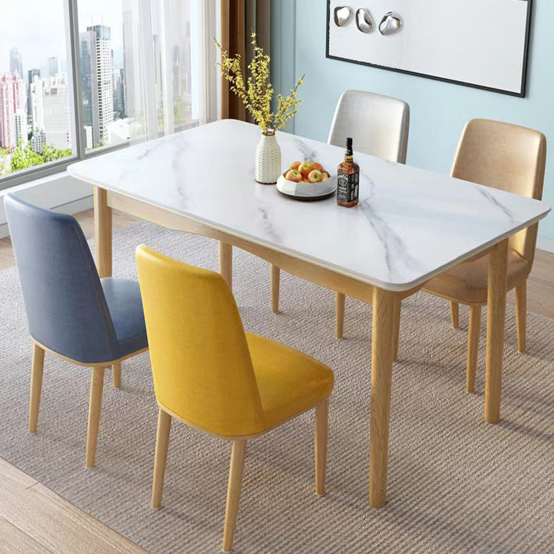 Modern White Rectangle Stone Dining Table with 4 Solid Wood Foot