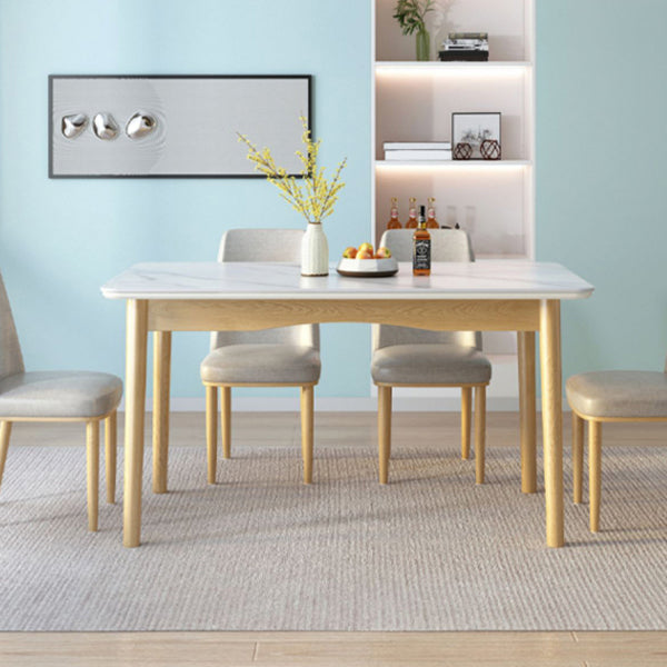 Modern White Rectangle Stone Dining Table with 4 Solid Wood Foot