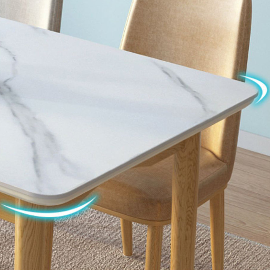 Modern White Rectangle Stone Dining Table with 4 Solid Wood Foot
