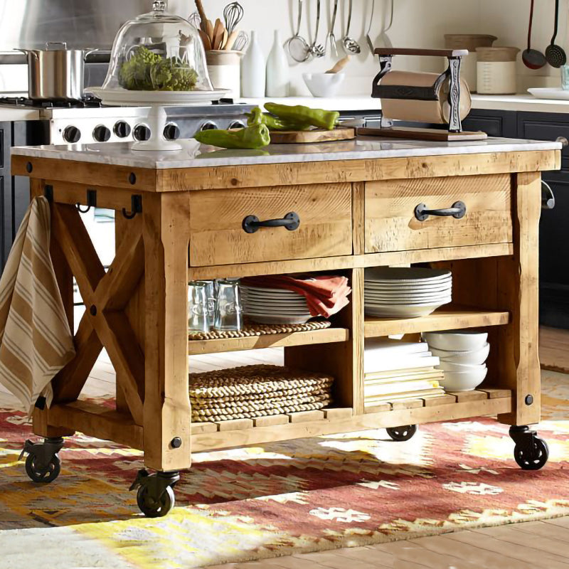 Modern Rectangle Kitchen Cart with Pine Wood Base and 2 Drawers