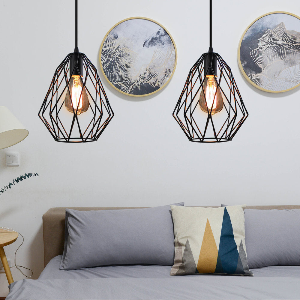 Diamond Cage Metal Pendant Light Industrial 1 Light Dining Room Ceiling Fixture in Black Finish