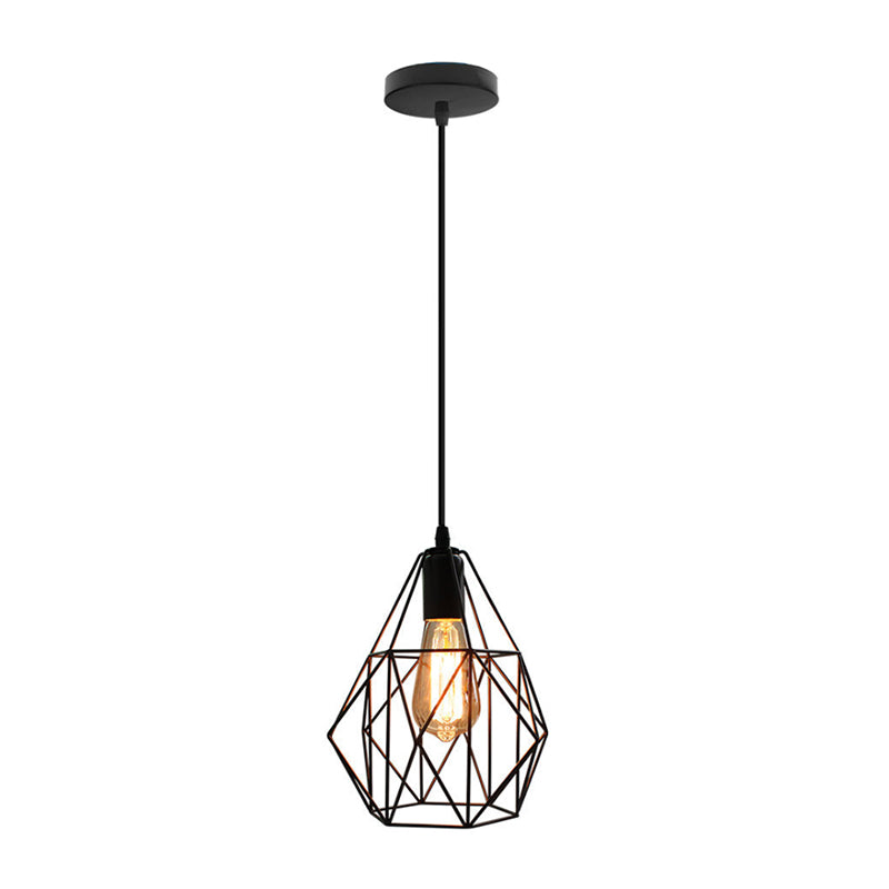 Diamond Cage Metal Pendant Light Industrial 1 Light Dining Room Ceiling Fixture in Black Finish
