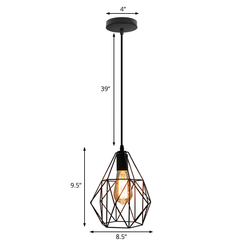 Diamond Cage Metal Pendant Light Industrial 1 Light Dining Room Ceiling Fixture in Black Finish