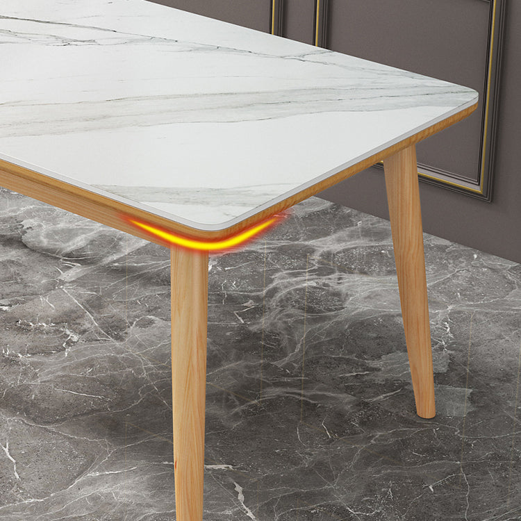Modern White Rectangle Stone Dining Table with 4 Wooden Foot