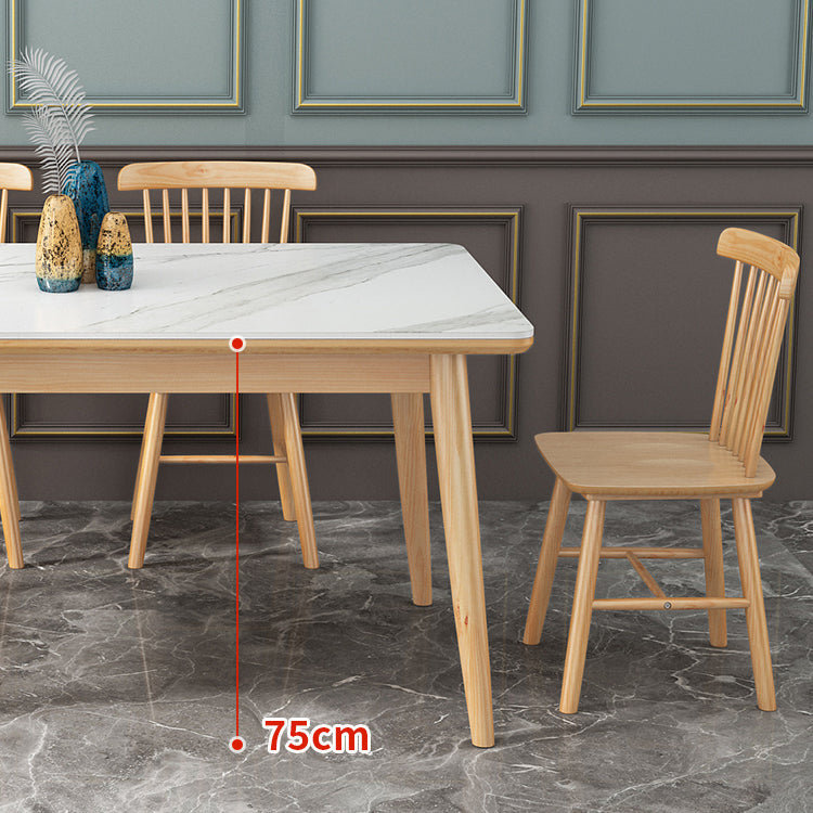 Modern White Rectangle Stone Dining Table with 4 Wooden Foot