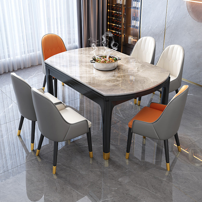 Modern Extendable Grey Stone Top Dining Table with 4 Black Steel Legs