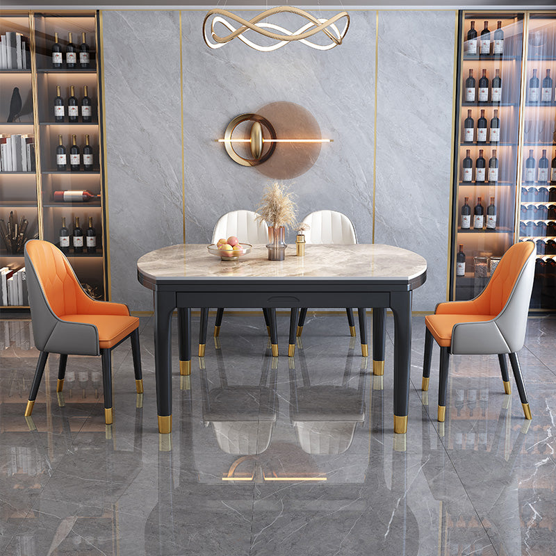 Modern Extendable Grey Stone Top Dining Table with 4 Black Steel Legs