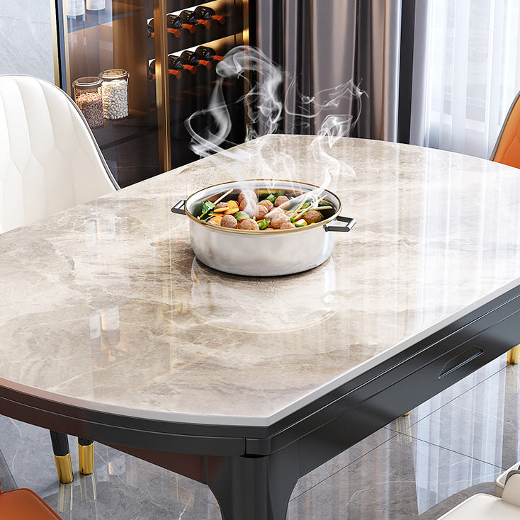 Modern Extendable Grey Stone Top Dining Table with 4 Black Steel Legs