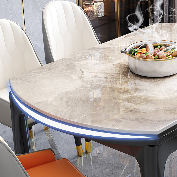 Modern Extendable Grey Stone Top Dining Table with 4 Black Steel Legs