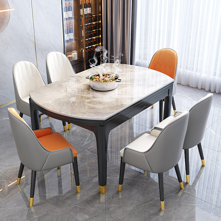 Modern Extendable Grey Stone Top Dining Table with 4 Black Steel Legs