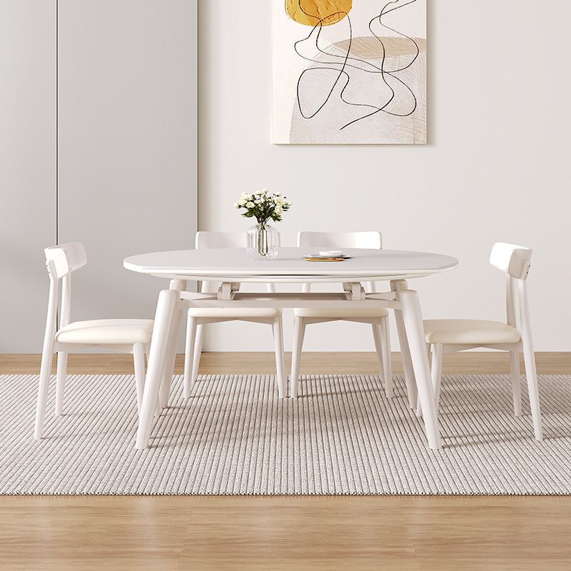 Contemporary Round Extendable Stone Dining Table with Wooden Legs
