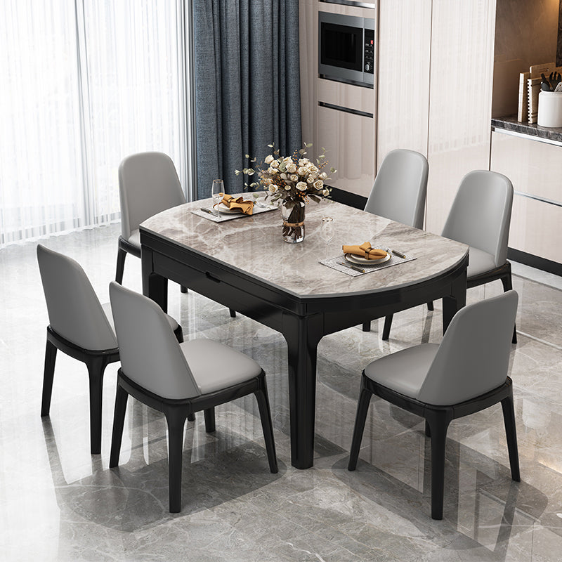 Modern Round Grey Stone Top Extendable Retractable Dining Table with 4 Rubberwood Black Legs
