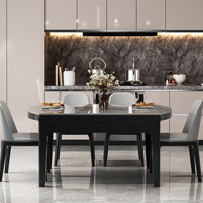 Modern Round Grey Stone Top Extendable Retractable Dining Table with 4 Rubberwood Black Legs