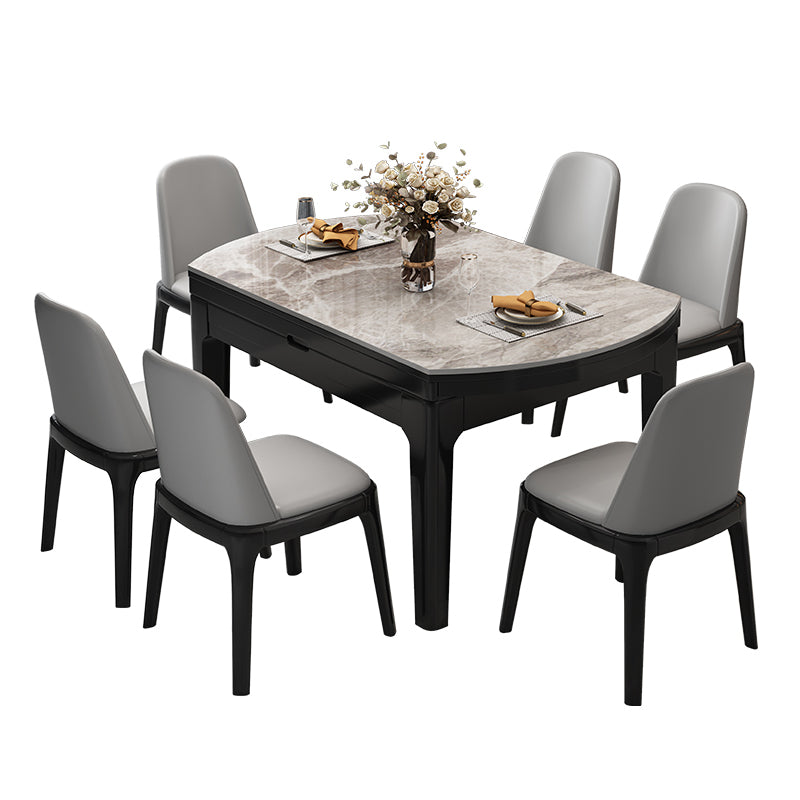 Modern Round Grey Stone Top Extendable Retractable Dining Table with 4 Rubberwood Black Legs