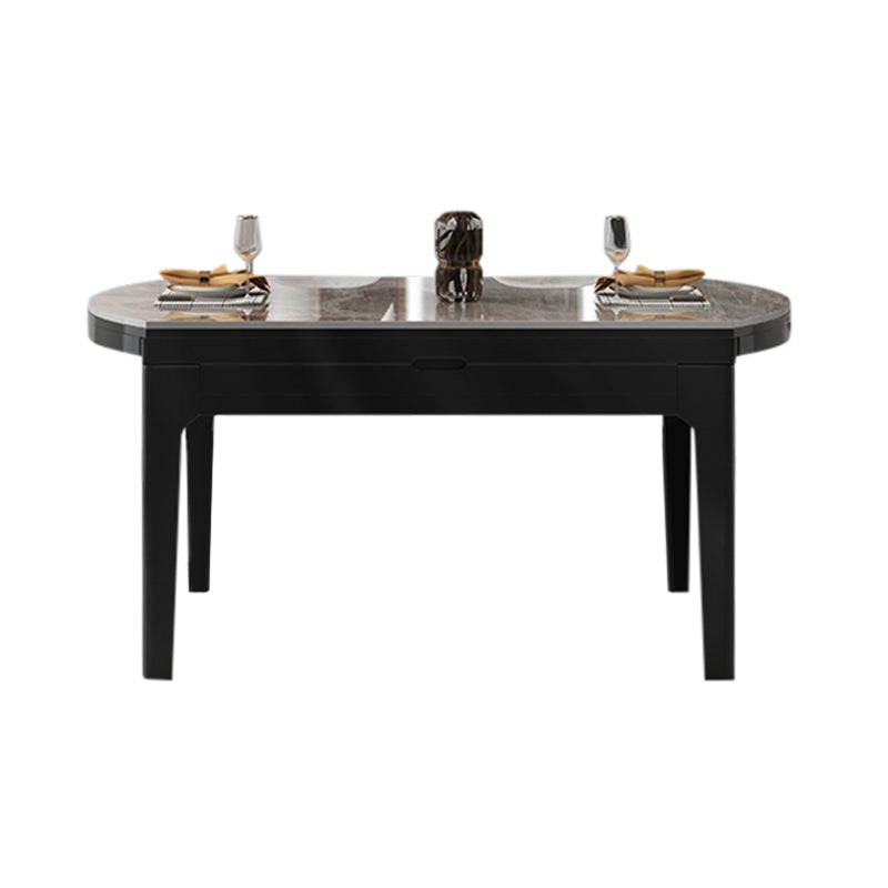 Modern Round Grey Stone Top Extendable Retractable Dining Table with 4 Rubberwood Black Legs