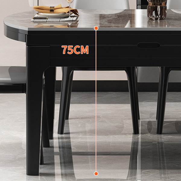 Modern Round Grey Stone Top Extendable Retractable Dining Table with 4 Rubberwood Black Legs