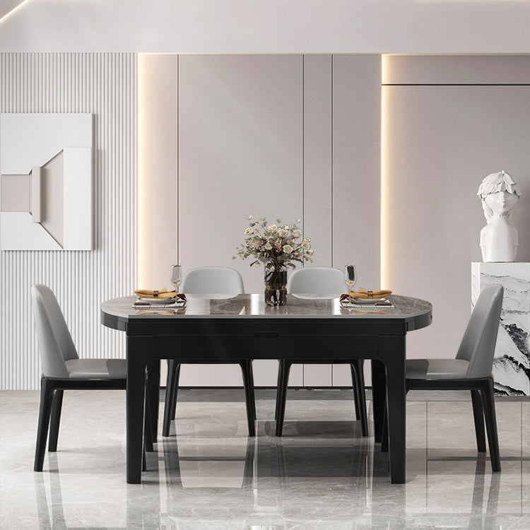 Modern Round Grey Stone Top Extendable Retractable Dining Table with 4 Rubberwood Black Legs