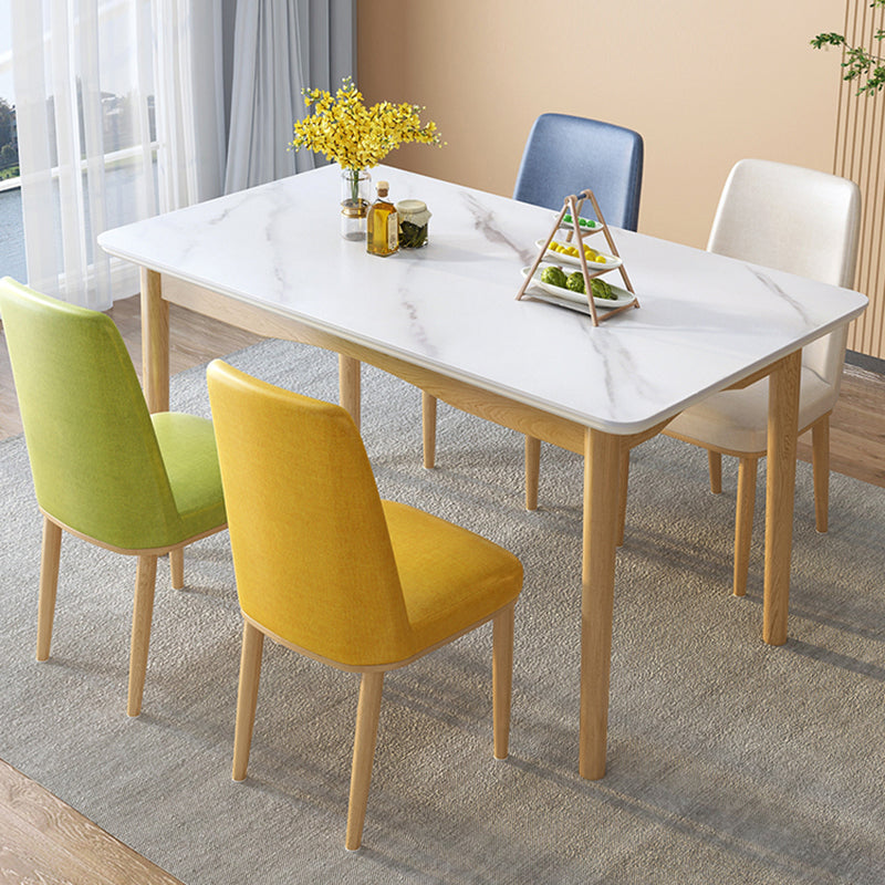 Modern White Rectangular Stone Dining Table with 4 Wooden Foot