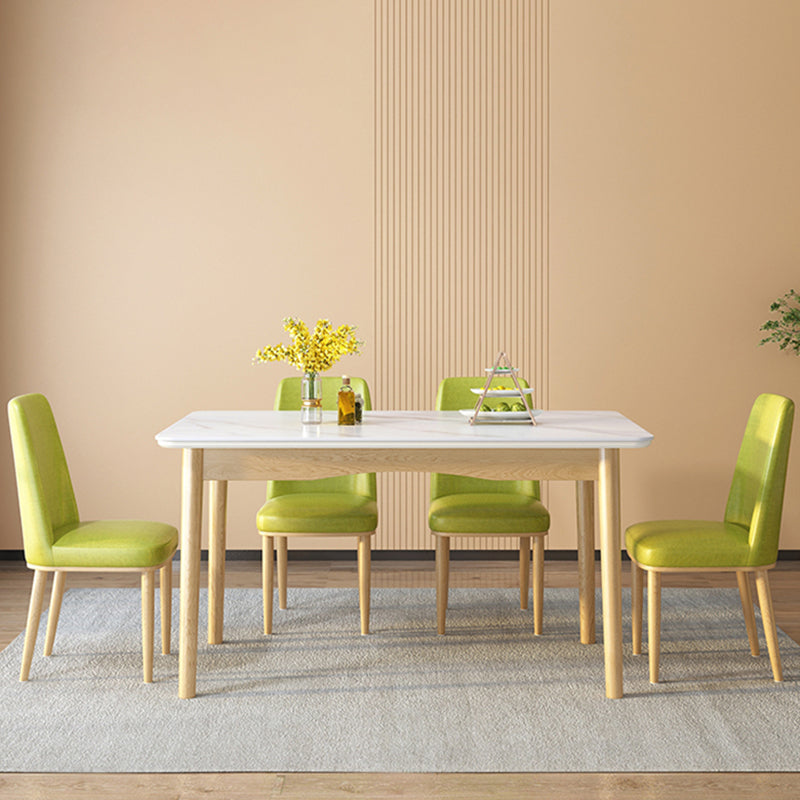 Modern White Rectangular Stone Dining Table with 4 Wooden Foot