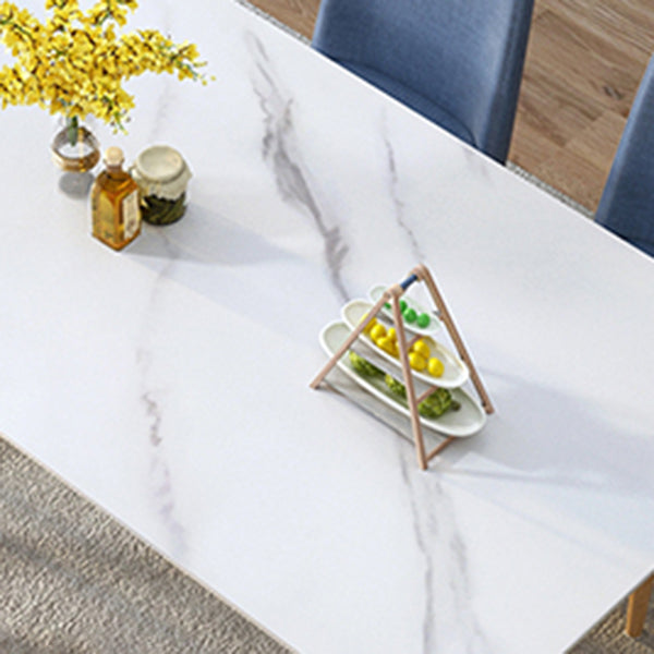 Modern White Rectangular Stone Dining Table with 4 Wooden Foot