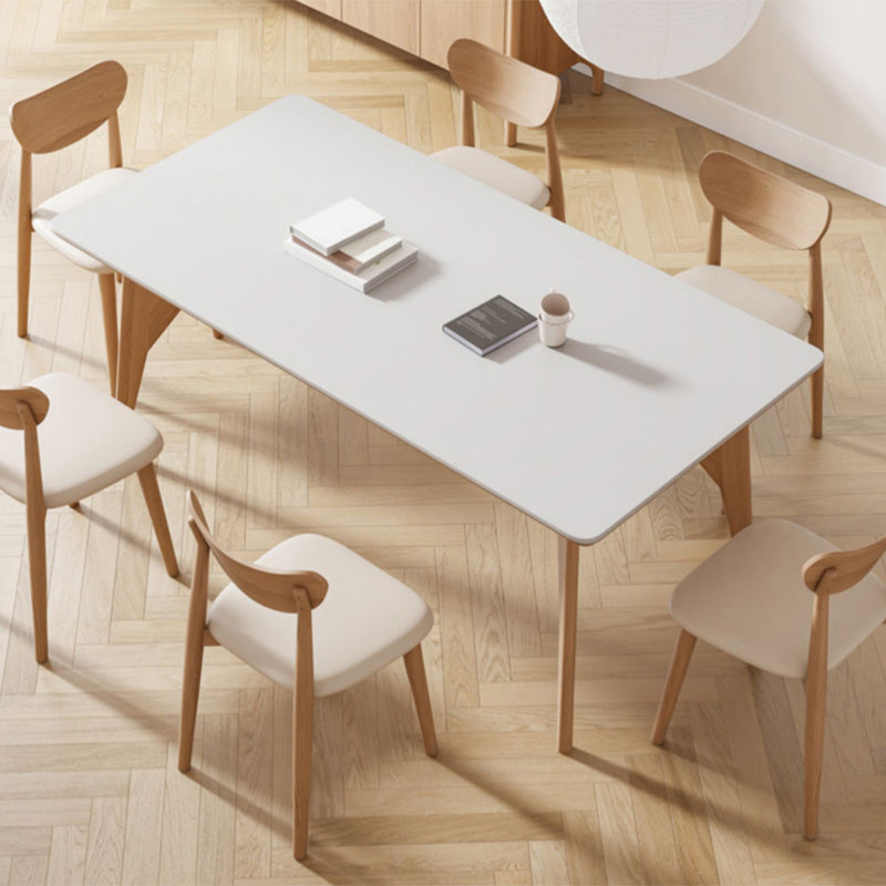 Modern Rectangular White Stone Top Dining Table with 4 Ash Legs