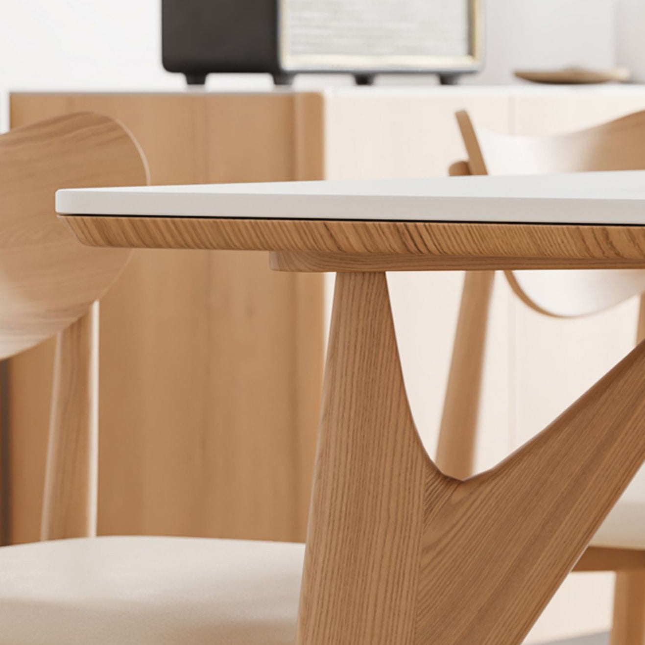 Modern Rectangular White Stone Top Dining Table with 4 Ash Legs