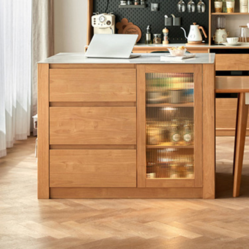 Stone Top Rectangle Kitchen Island Table with Rubberwood Base