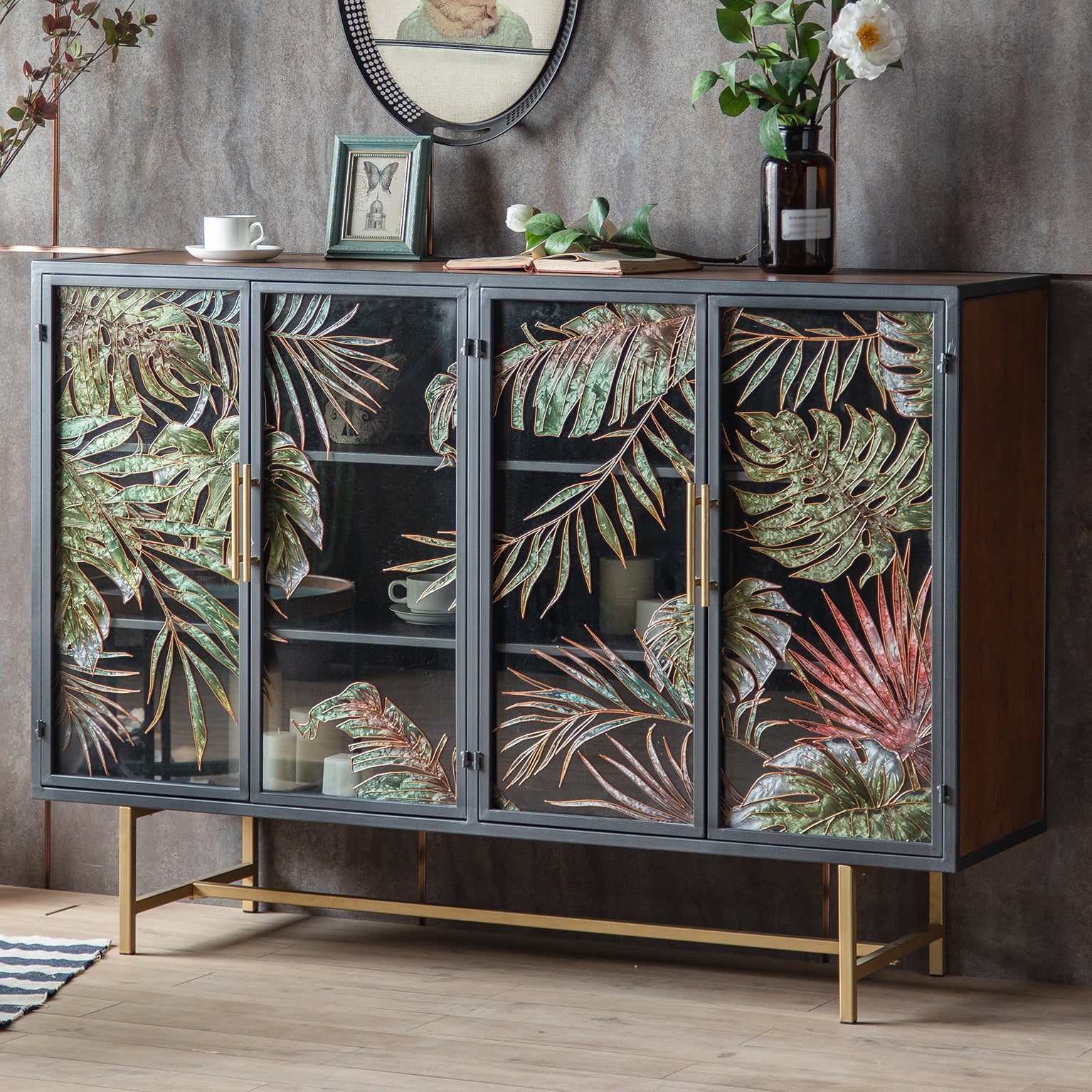 Traditional Wooden China Cabinet Glass Doors Display Stand with Doors