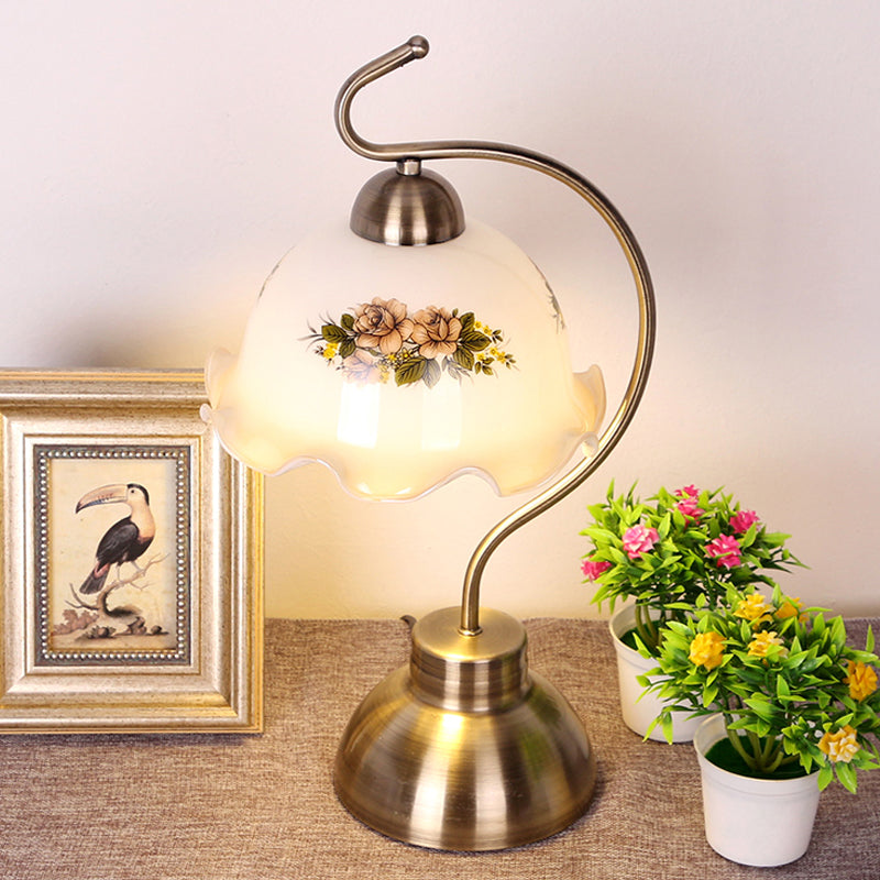 Single Bulb Night Stand Light Pastoral Ruffle Edged Hemisphere White Glass Table Lamp with Brass Bow Arm