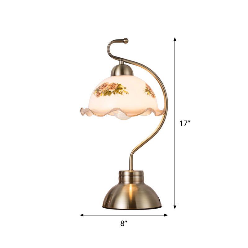 Single Bulb Night Stand Light Pastoral Ruffle Edged Hemisphere White Glass Table Lamp with Brass Bow Arm
